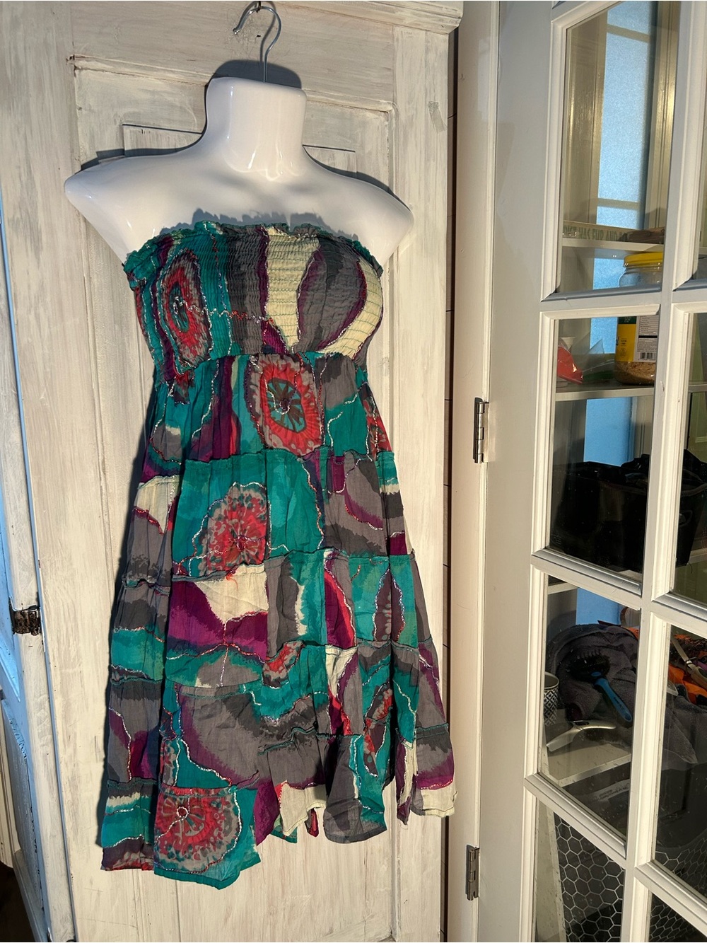 Multicolor Patchwork Strapless Dress or Wear as long flowy skirt. Lightly Lined.